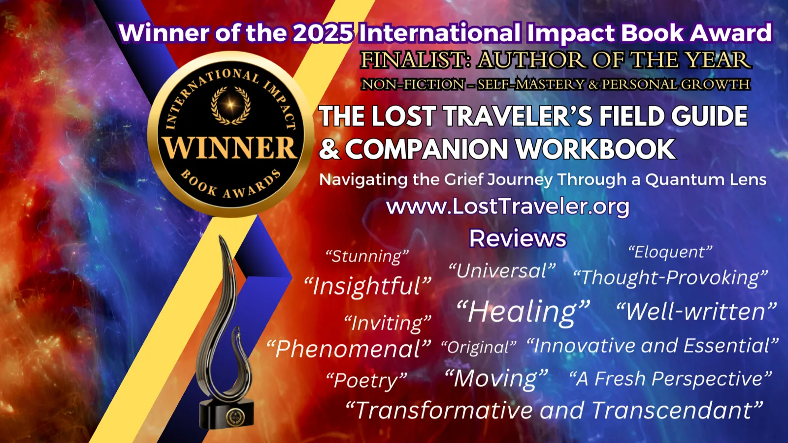 Award banner for The Lost Traveler's Field Guide and Companion Workbook, winner of the 2025 International Impact Book Award and a finalist for Author of the Year